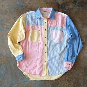 Vintage 90s Gitano Colorful Button Up Shirt Size M Color Block Pink Blue Preppy